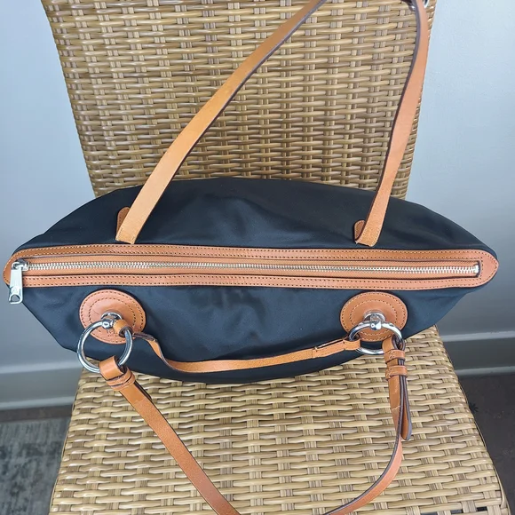 Lauren Ralph Lauren Black Nylon Shoulder Tote Bag Purse Brown Leather Trim - Picture 7 of 16